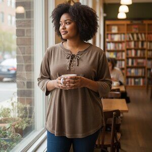 Catherines Plus Size 1X Brown Long Sleeve Top Shirt‎ Top 18/20W Neutral Autumn